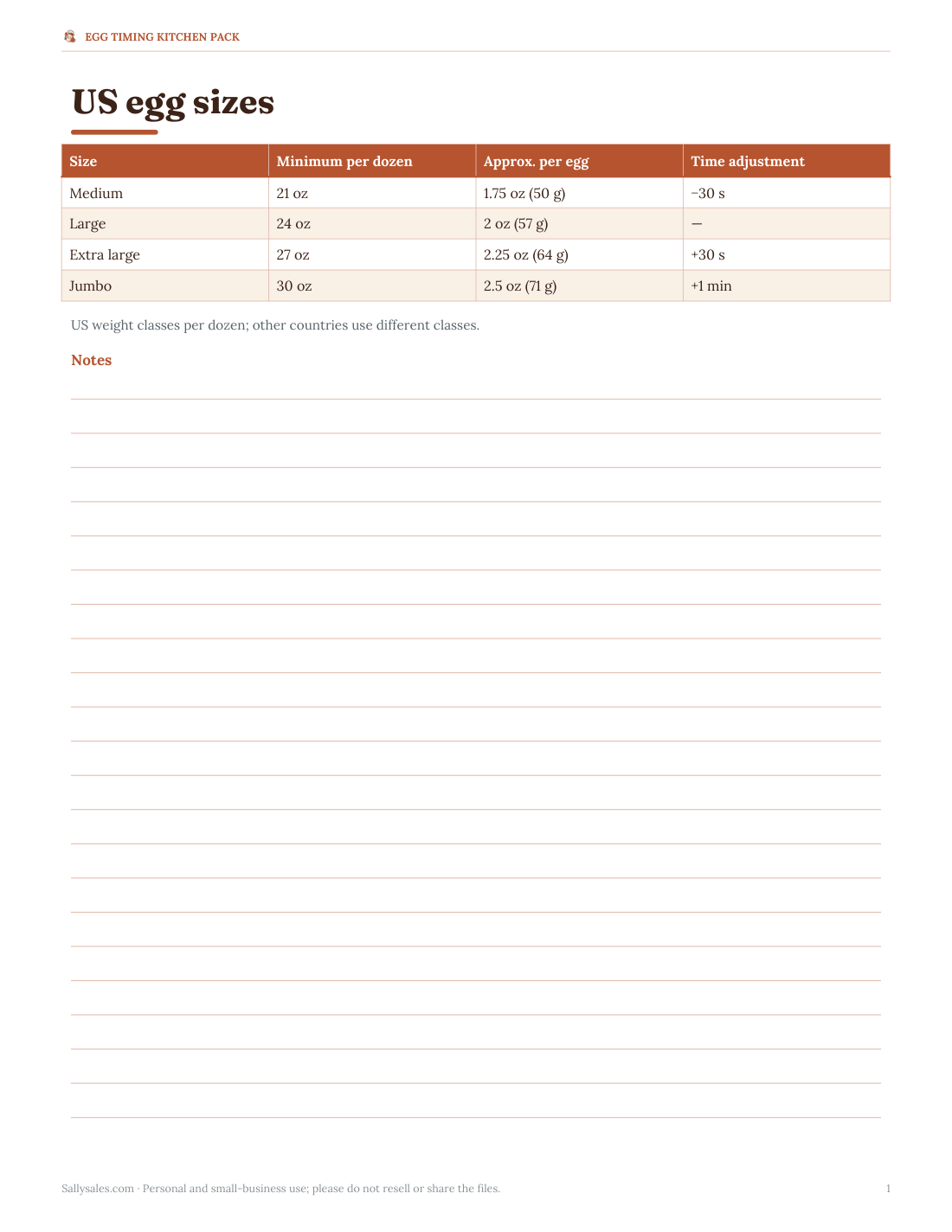 Preview of the first page of Egg size chart (PDF/XLSX)